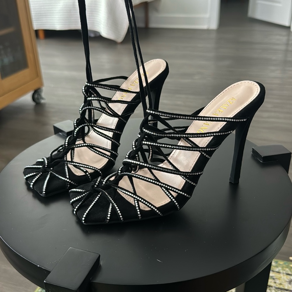 Suede Strappy Jeweled Sandal Square Toe